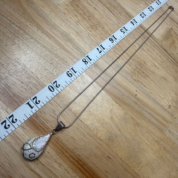 Sterling Silver Necklace With Teardrop Iridescent Pendant & Intricate Beaded - Picture 4 of 9